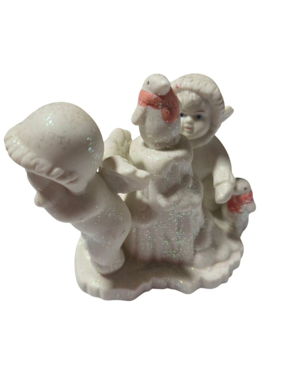 Vintage Glittered Angel Figurine Hide n Seek Penguins Ceramic Winter Decoration